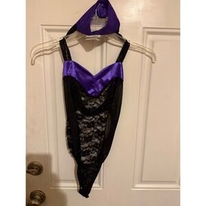 Purple‎ Black Lace Teddy Bodysuit Halter Neck With Matching Hood Lingerie